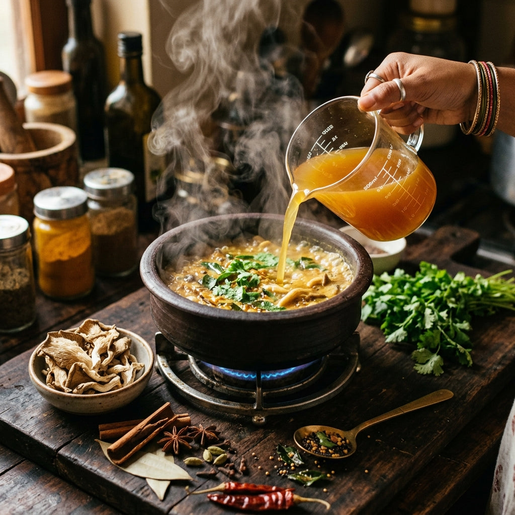 Pouring mushroom rehydration broth into cooking pot