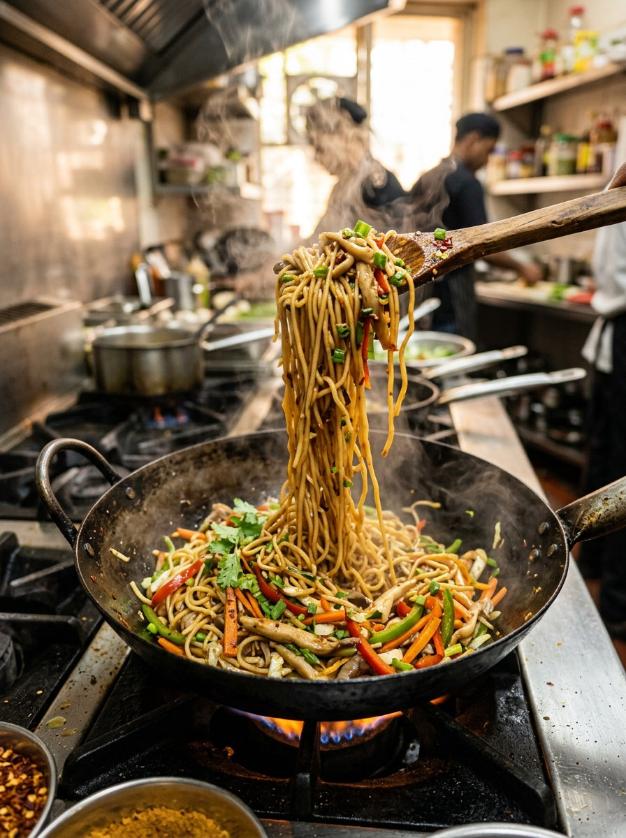 Sautéing noodles with oyster mushrooms in home wok
