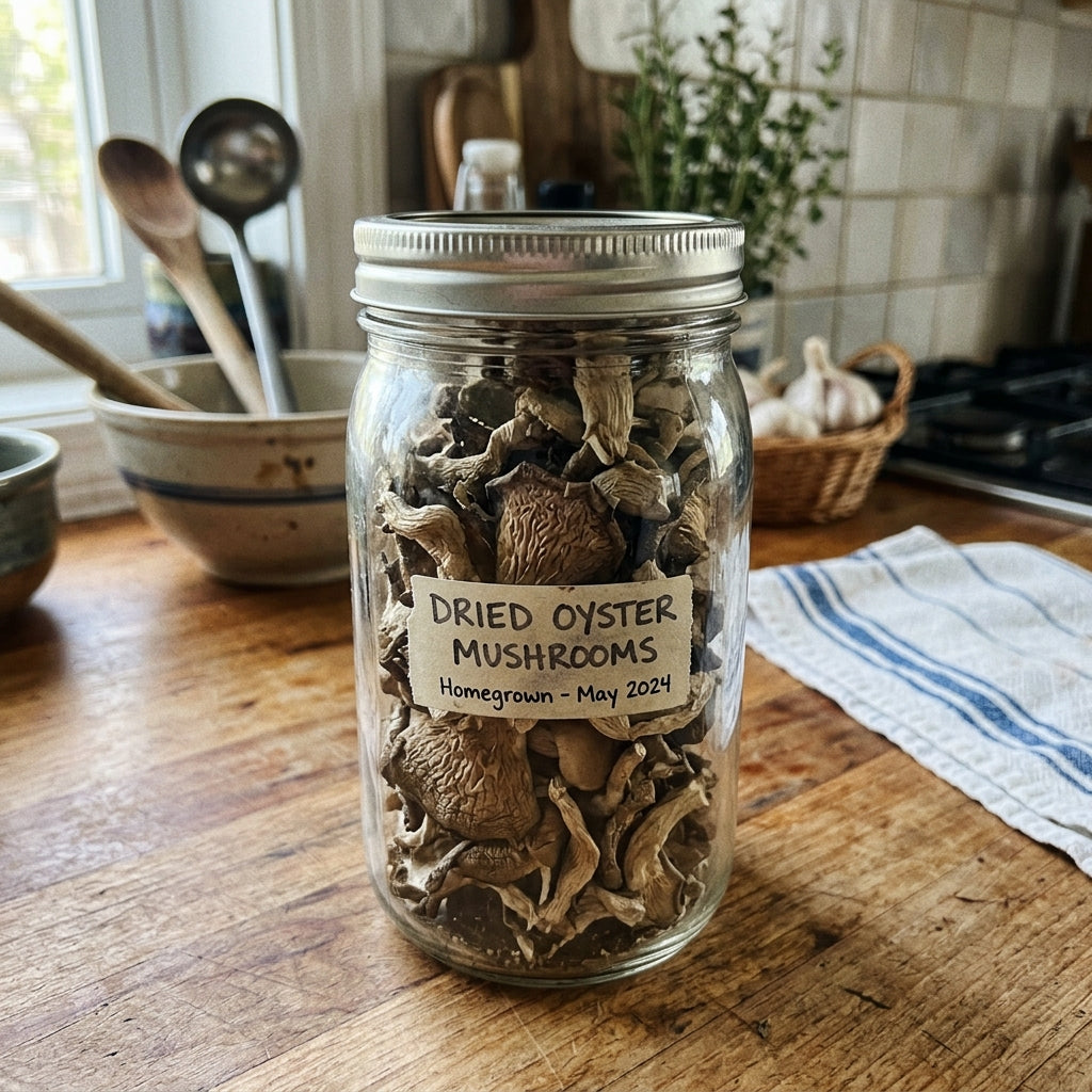 Glass jar of dried oyster mushrooms on kitchen shelf