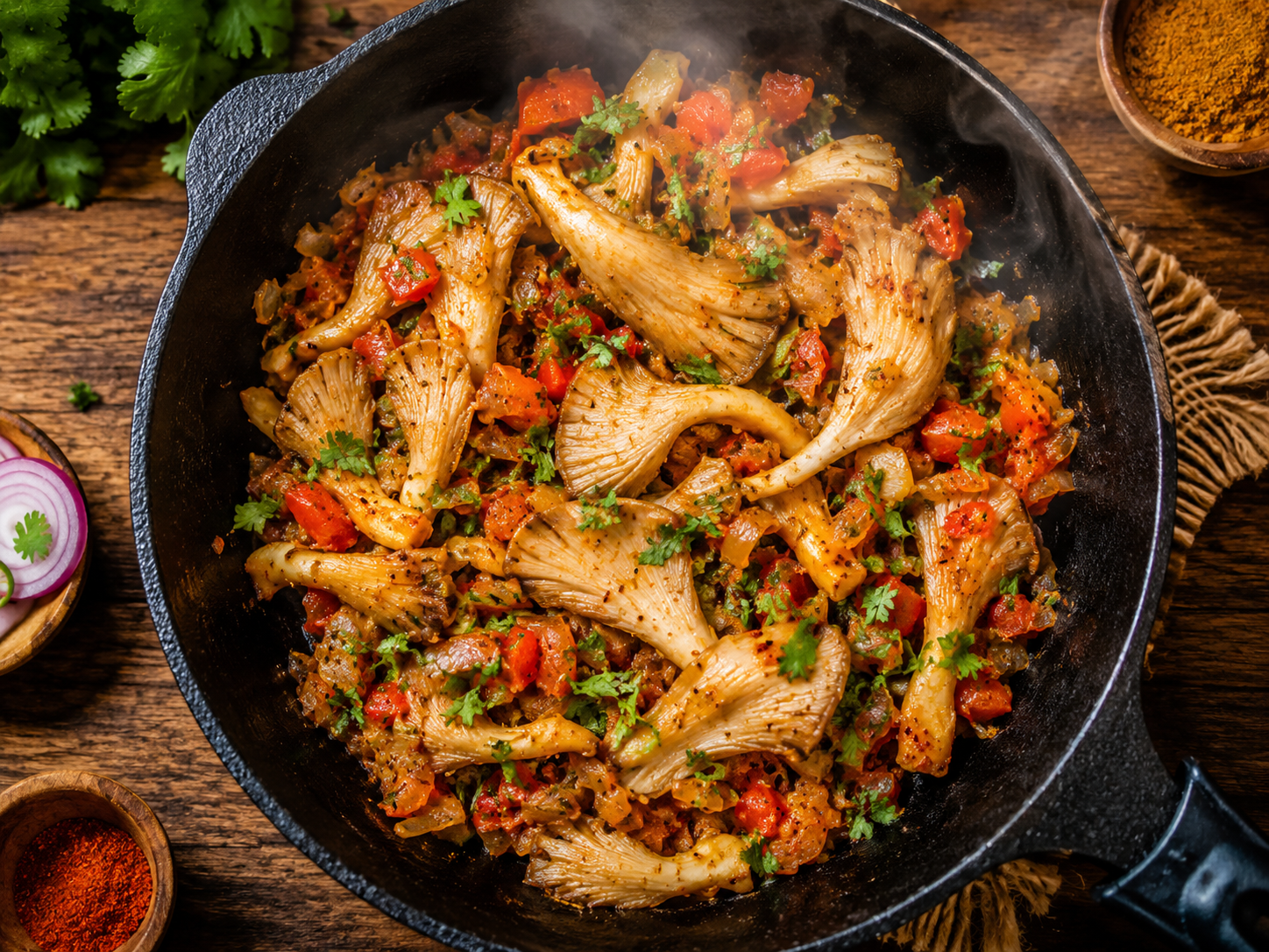 Sautéing mushroom bhurji with tomatoes and herbs in skillet