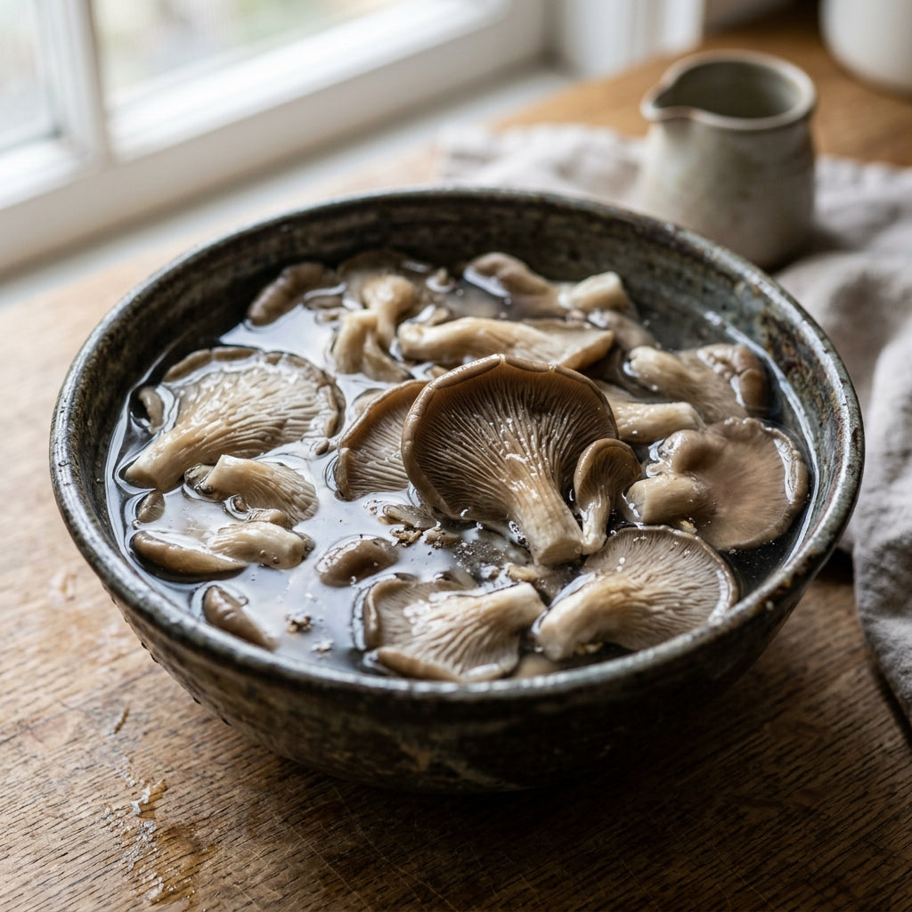 Plump fleshy rehydrated oyster mushrooms drained in colander
