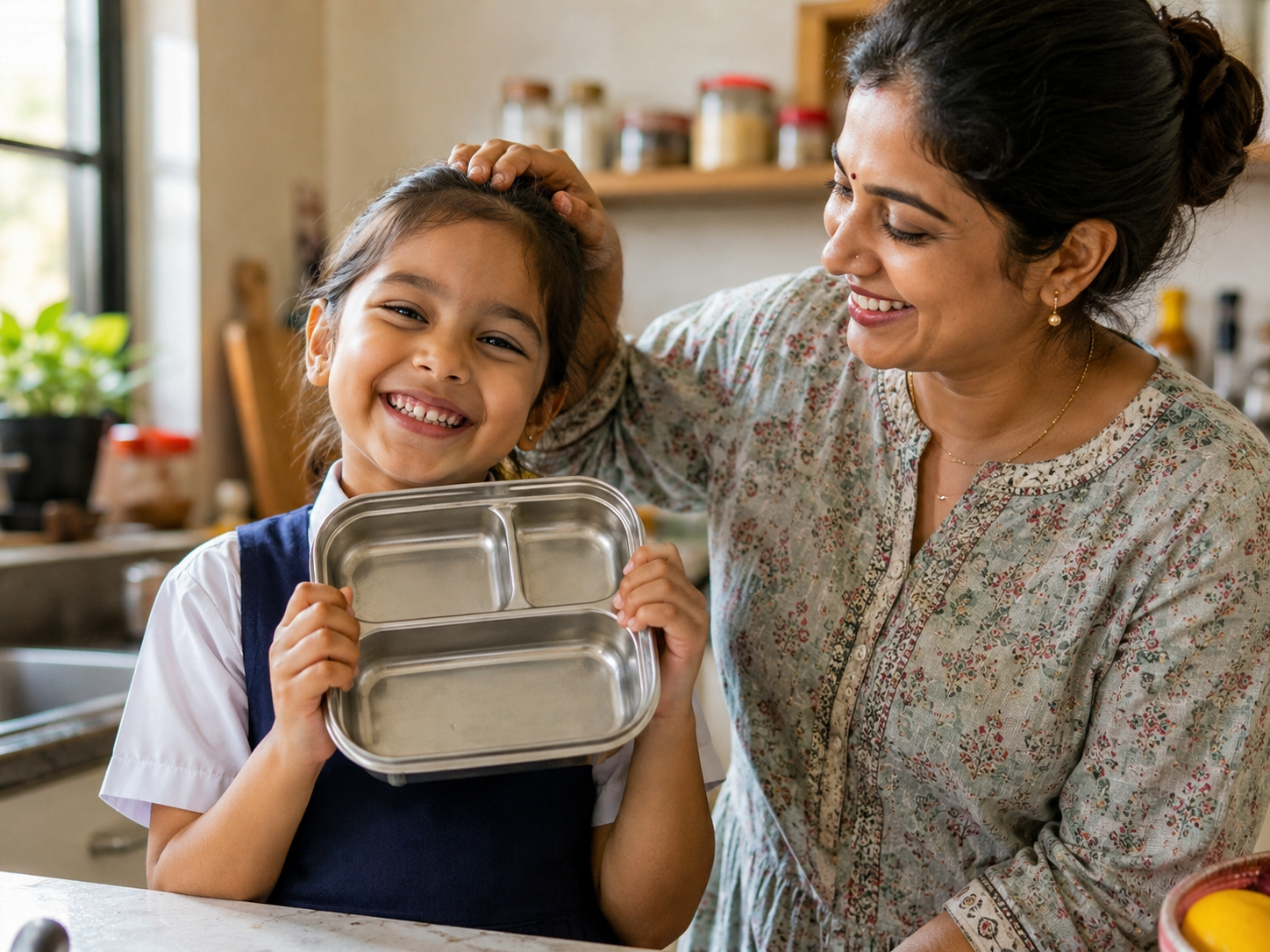 Happy schoolgirl holding empty lunchbox with mom