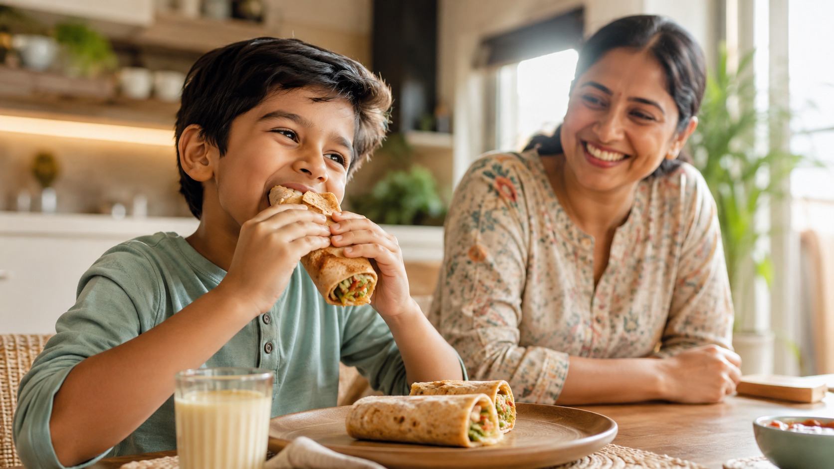 Young boy enjoying homemade mushroom kathi roll