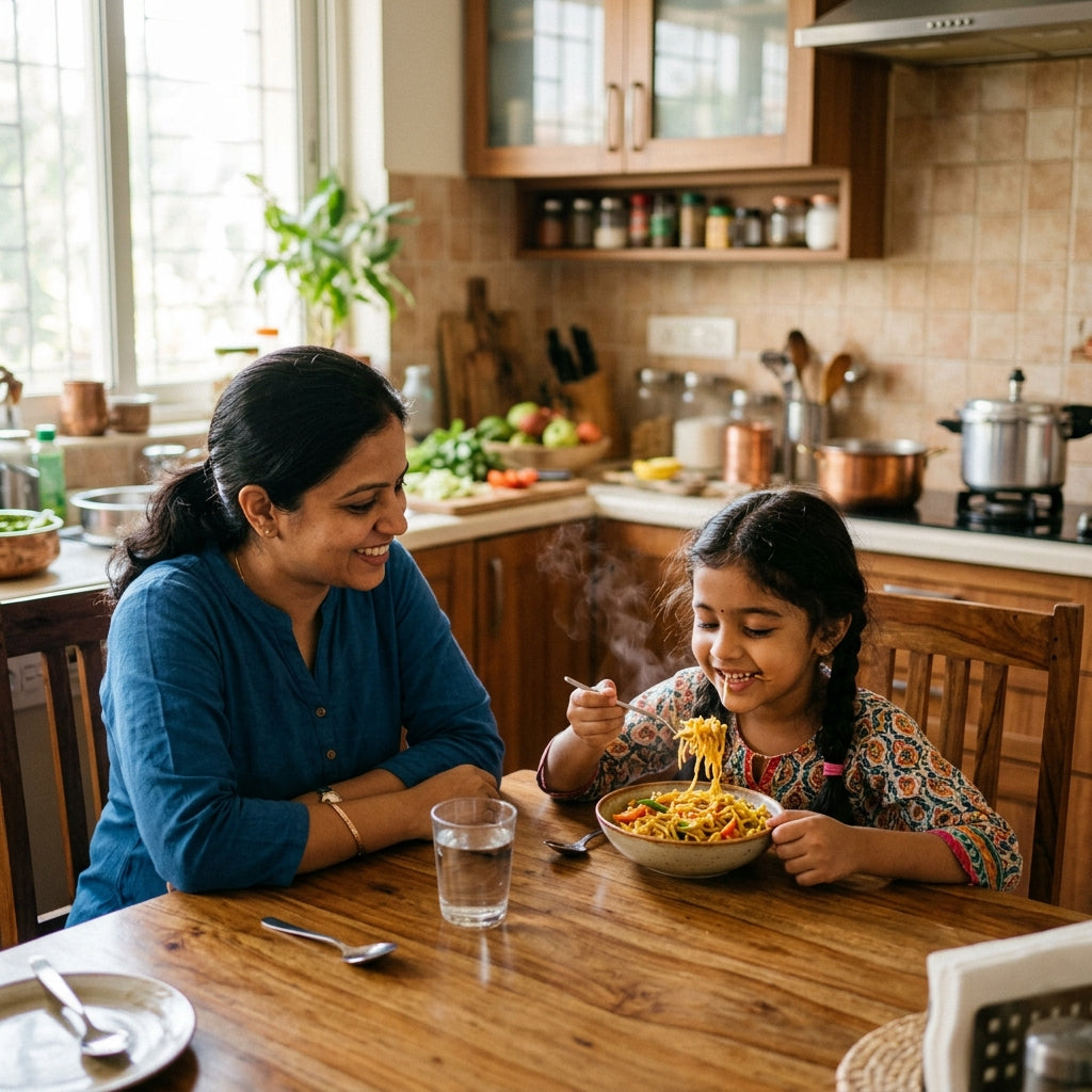 Mother and daughter enjoying dinner in home kitchen