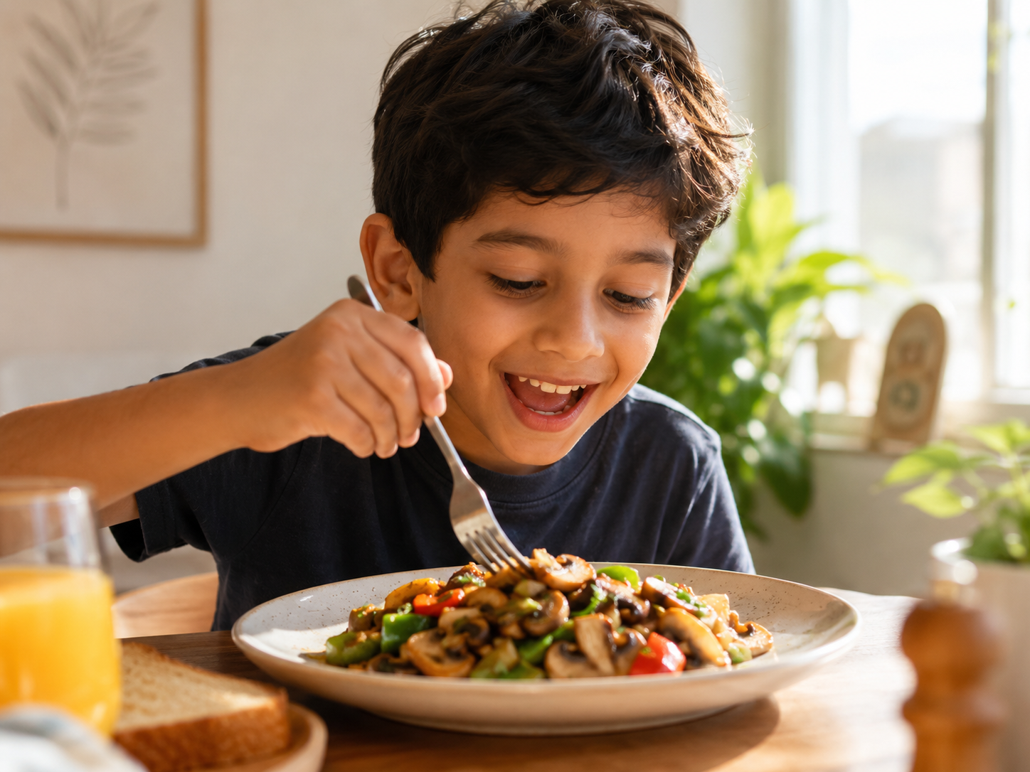 Young boy enthusiastically eating mushroom stir-fry with fork