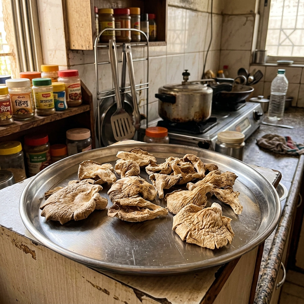 Clean dried oyster mushrooms inspected on steel thali